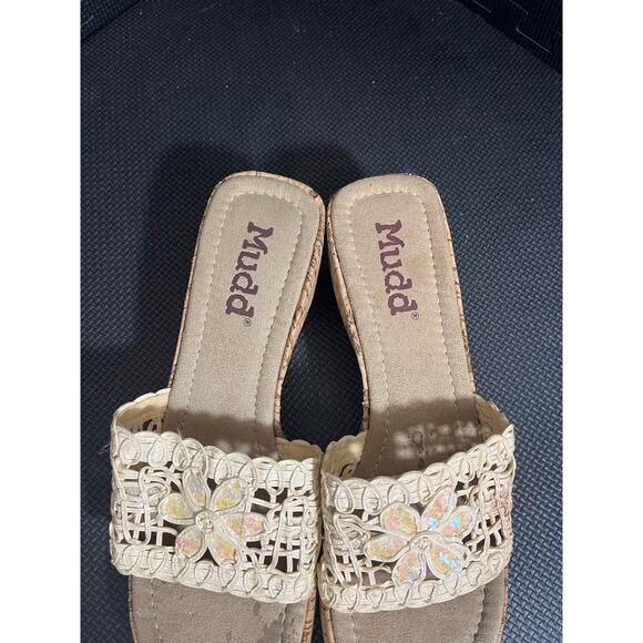 Y2K 2000s Mudd cream cork wedge sandals iridescent sequin flower embroidered 10 - Picture 4 of 9